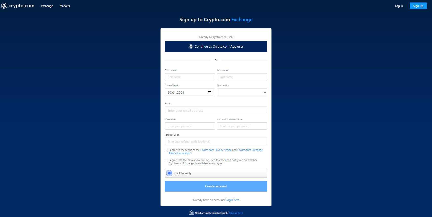 Registration on the Crypto.com Registration on the Crypto.com